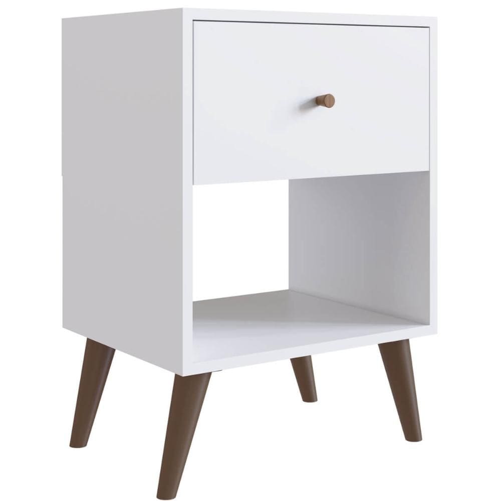 Mesa De Cabeceira Com Gaveta Branco Com Pés Retro 45cm Nicho Placa e Ponto e Puxador Em Madeira