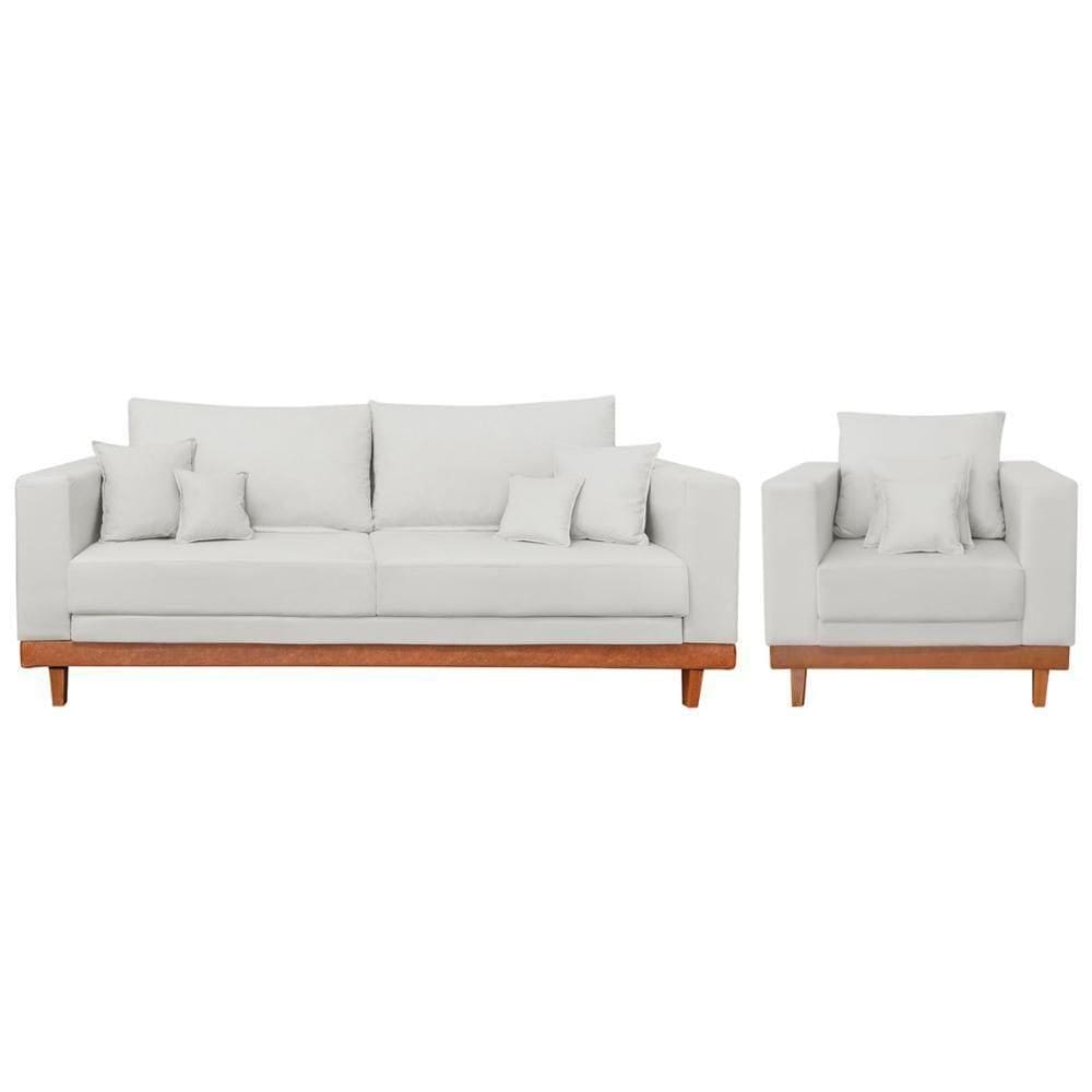Kit 1 Poltrona Living Linho + Sofá 3 Lugares Com Almofadas Bege