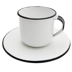 Caneca Esmaltada Xícara Com Pires Para Chá Café 180ml