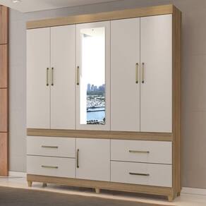 Guarda Roupa Casal 6 Portas Com Espelho E 4 Gavetas Ubatuba Amêndola Touch-off White