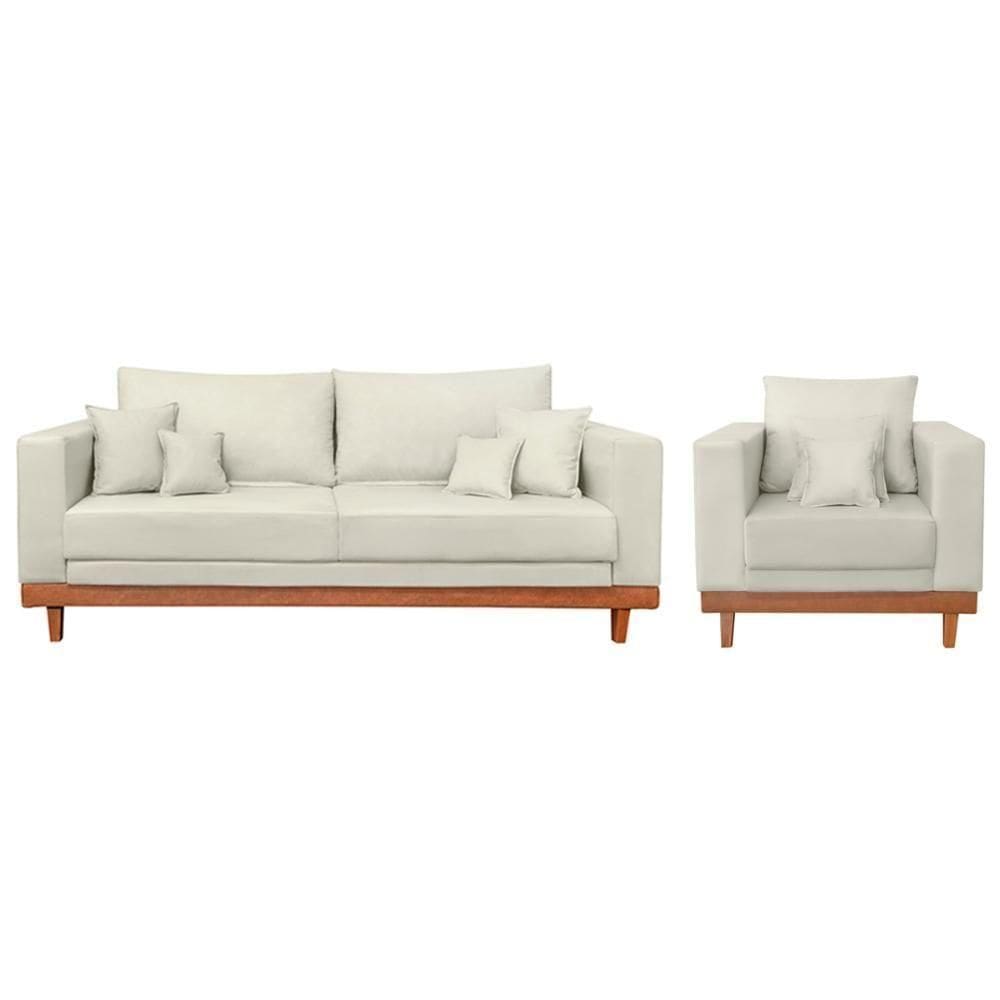 Kit 1 Poltrona Living Suede + Sofá 3 Lugares Com Almofadas Bege