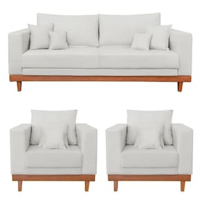 Kit 2 Poltronas Living + Sofá 3 Lugares Base Madeira Linho Bege