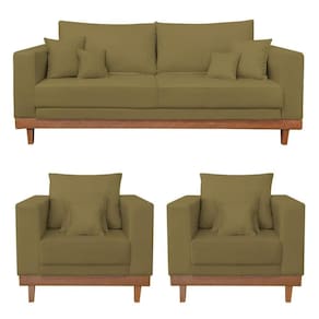 Kit 2 Poltronas Living + Sofá 2 Lugares Base Madeira Suede Capuccino