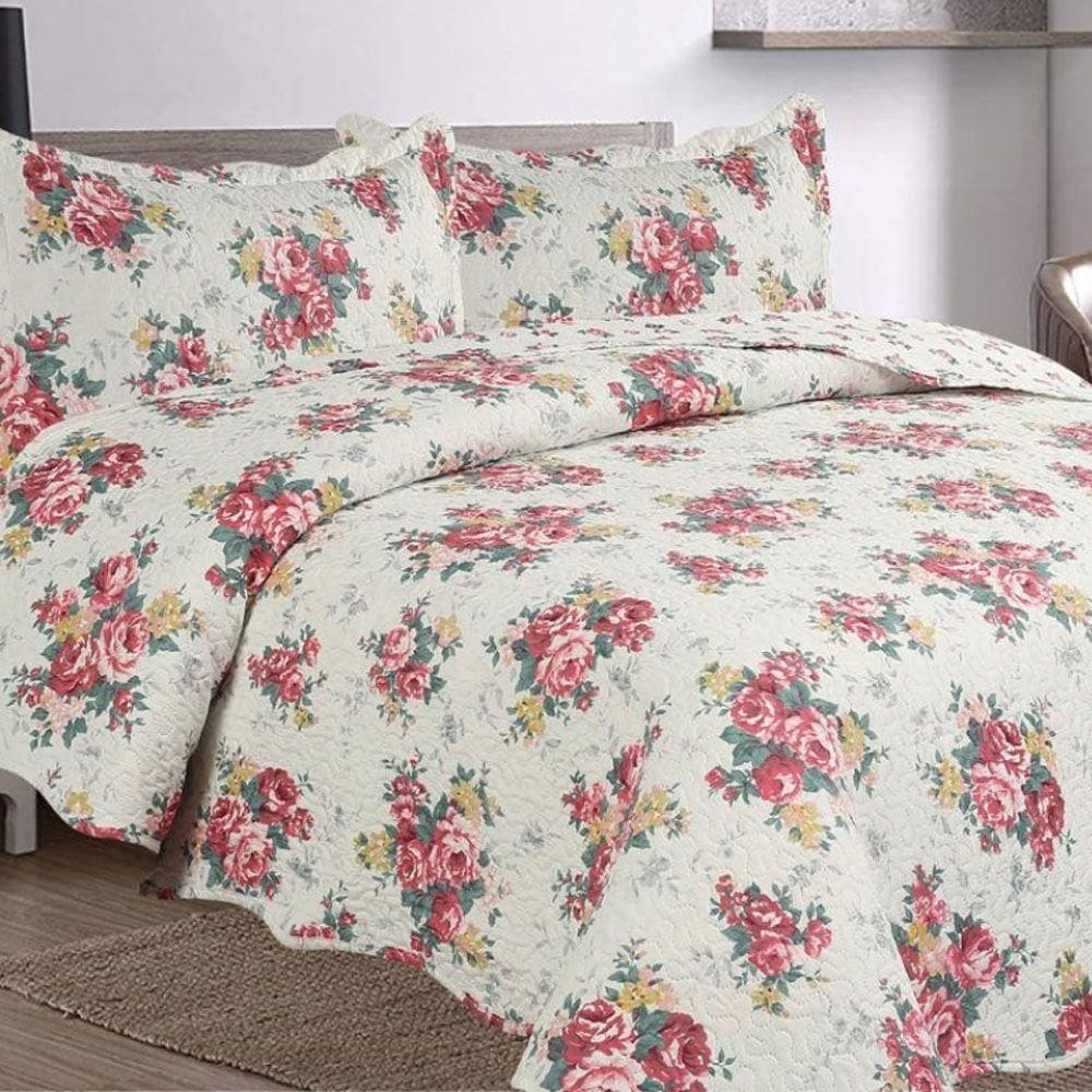 Kit Cobre Leito Colcha Mix Queen Estampado 3 Peças -Maracris