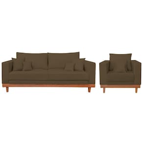 Kit 1 Poltrona Living Suede + Sofá 2 Lugares Com Almofadas Marrom