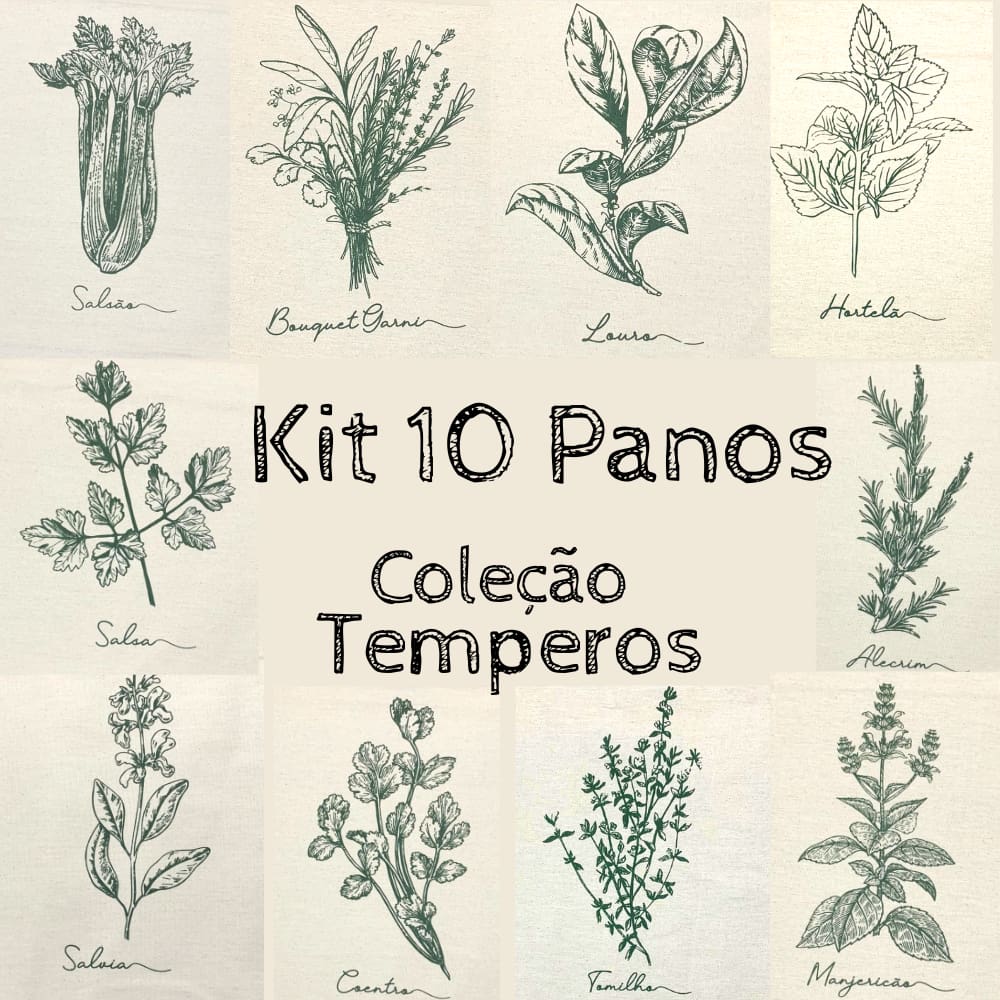 Kit 10 Panos Prato Copa Algodão Cru Coleção Tempero e Especiarias