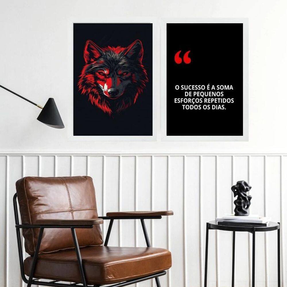 Kit 2 Quadros Motivacionais Sucesso - Lobo 24X18Cm - Vidro