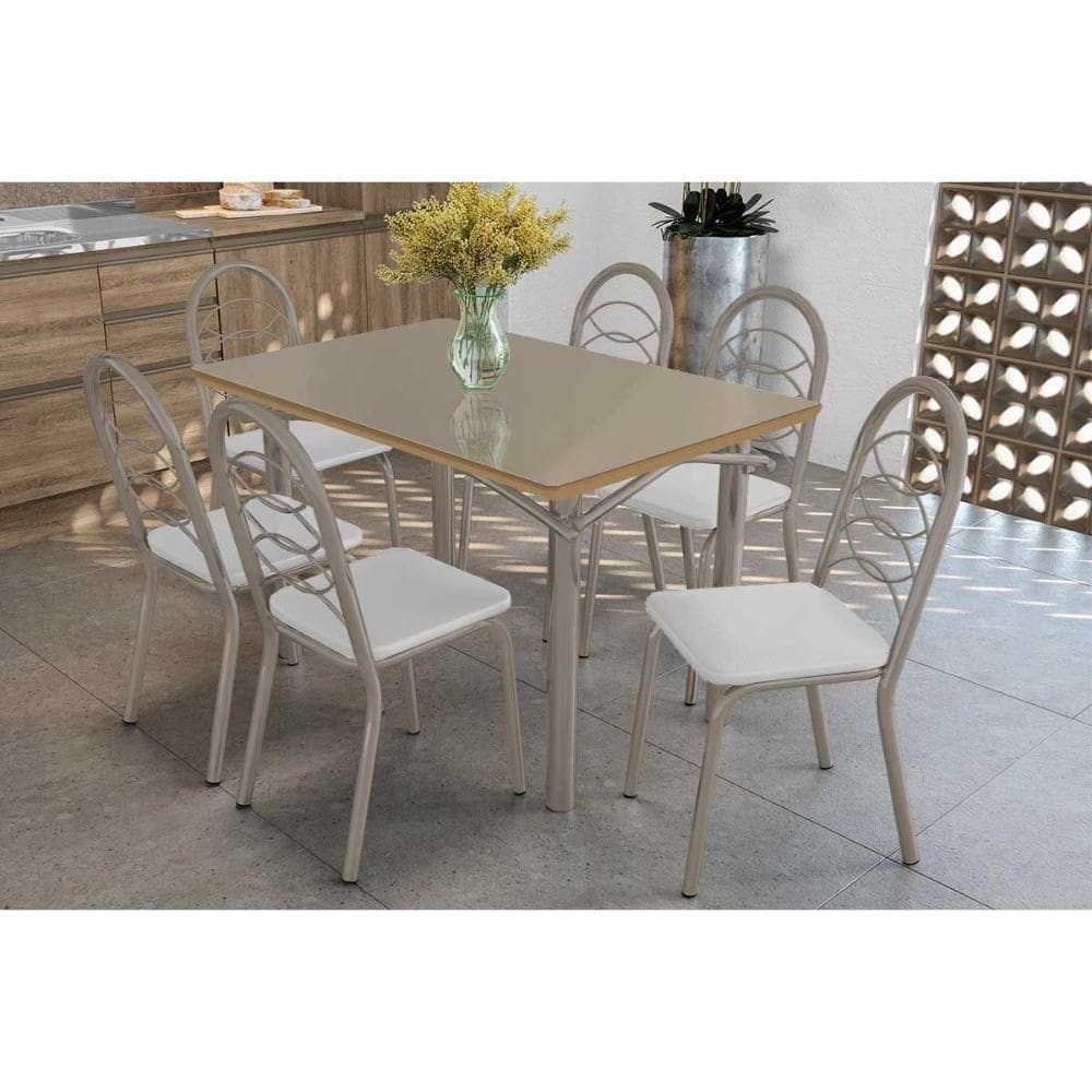 Sala de Jantar Completa Elba Tampo Madeirado c/ Vidro 120cm e 6 Cadeiras Holanda Niquel/Freijo Bronze - Courano Branco - Kappesberg