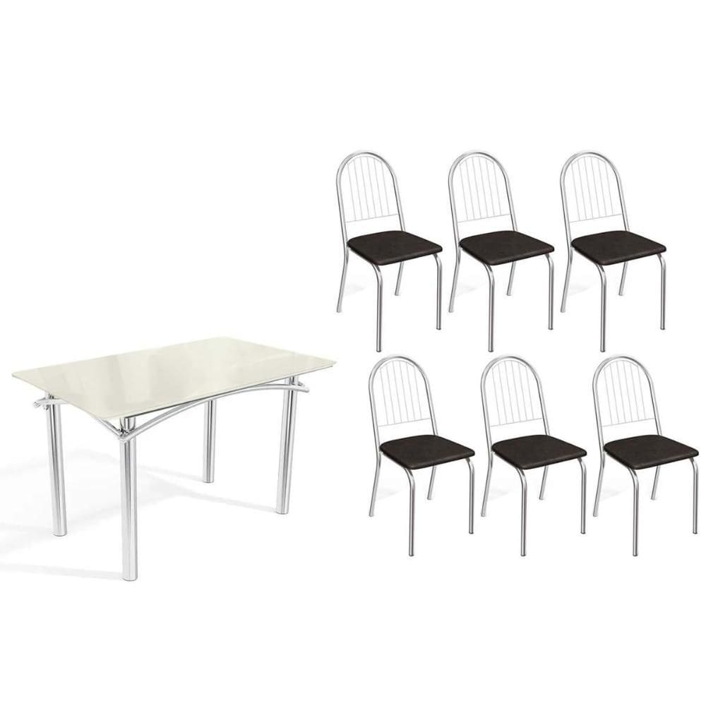 Sala de Jantar Completa Elba Tampo Madeirado c/ Vidro 120cm e 6 Cadeiras Noruega Cromada/Off White - Courano Preto - Kappesberg