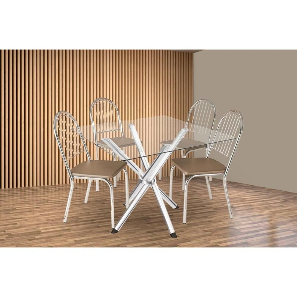 Sala de Jantar Completa Volga c/ Tampo de Vidro 90cm e 4 Cadeiras Noruega Cromada - Courano Capuccino - Kappesberg