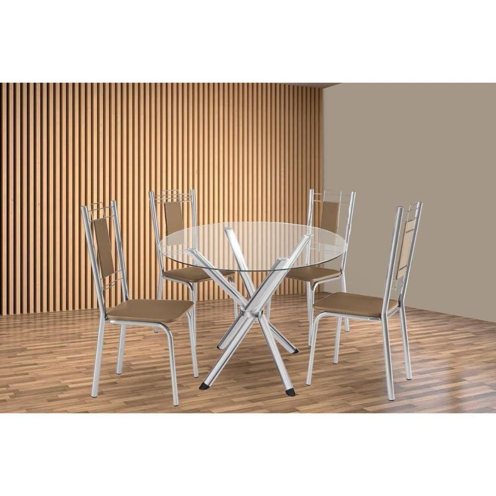 Sala de Jantar Completa Volga c/ Tampo de Vidro 95cm e 4 Cadeiras Florença Cromada - Courano Capuccino - Kappesberg