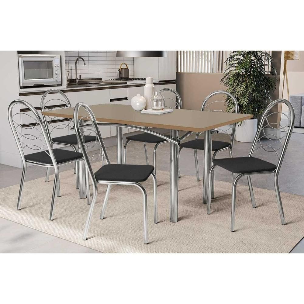 Sala de Jantar Completa Elba Tampo Madeirado c/ Vidro 160cm e 6 Cadeiras Holanda Cromada/Freijo Bronze - Courano Preto - Kappesberg