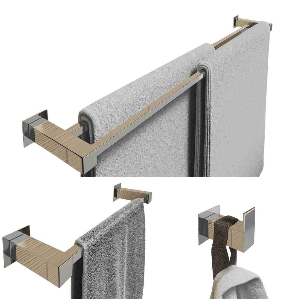 Kit Toalheiro Duplo 80Cm Inox 3 Pçs Polido Ou Preto Fosco