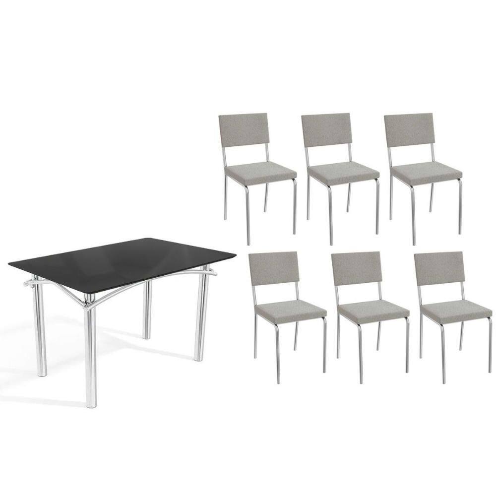 Sala de Jantar Completa Elba Tampo Madeirado c/ Vidro 120cm e 6 Cadeiras Zaria Cromada/Preto - Boucle Cinza - Kappesberg