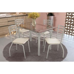Sala de Jantar Completa Elba c/ Tampo de Vidro 140cm e 6 Cadeiras Portugal Niquel - Courano Bege - Kappesberg