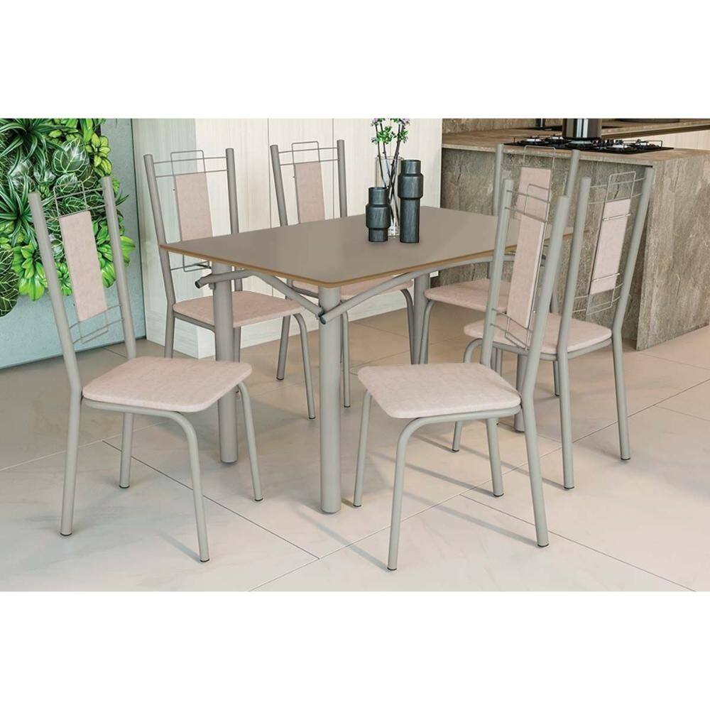 Sala de Jantar Completa Elba Tampo Madeirado c/ Vidro 120cm e 6 Cadeiras Florença Niquel/Freijo Bronze - Courano Bege - Kappesberg