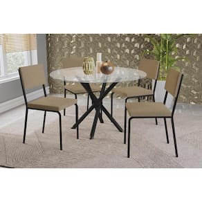 Sala de Jantar Completa Volga c/ Tampo de Vidro 95cm e 4 Cadeiras Zaria Preto - Boucle Bege - Kappesberg