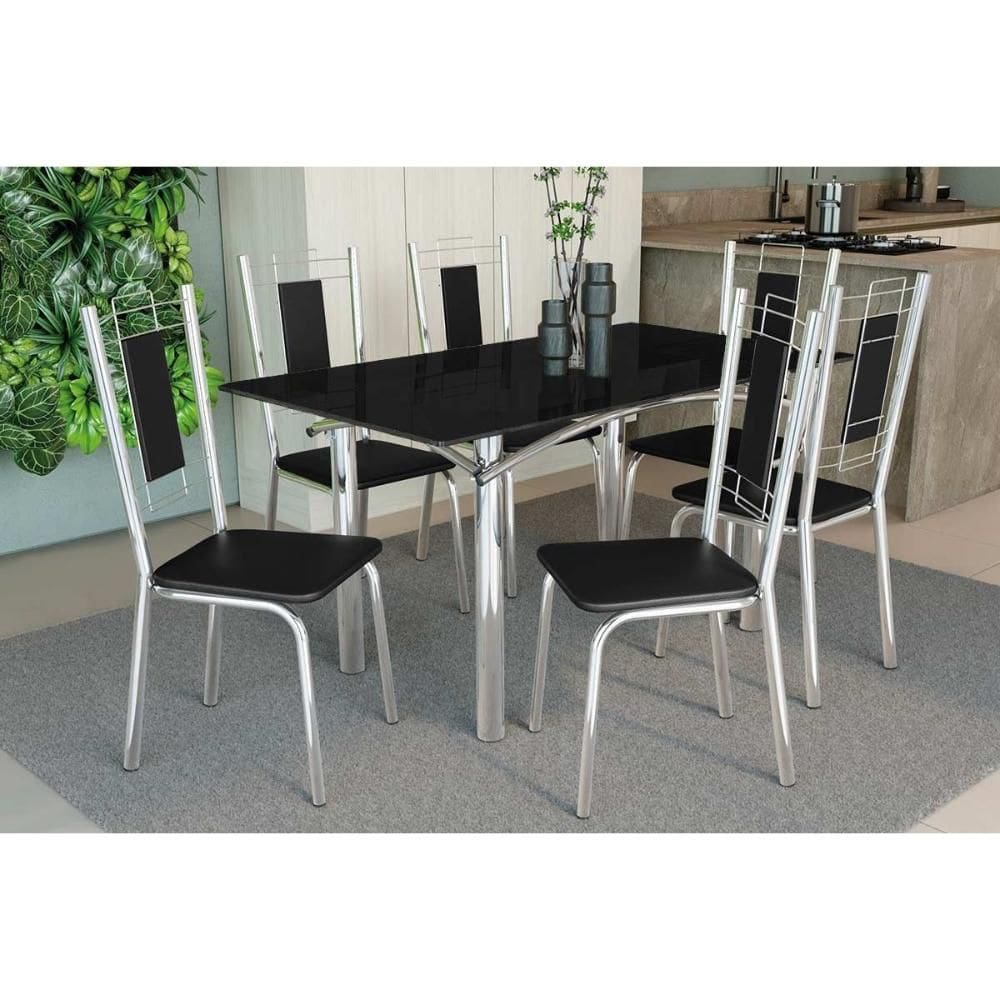 Sala de Jantar Completa Elba Tampo Madeirado c/ Vidro 160cm e 6 Cadeiras Florença Cromada/Preto - Courano Preto - Kappesberg