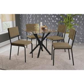 Sala de Jantar Completa Volga c/ Tampo de Vidro 90cm e 4 Cadeiras Zaria Preto - Suede Bege - Kappesberg