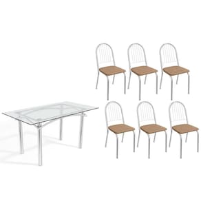 Sala de Jantar Completa Elba c/ Tampo de Vidro 150cm e 6 Cadeiras Noruega Cromada - Courano Capuccino - Kappesberg