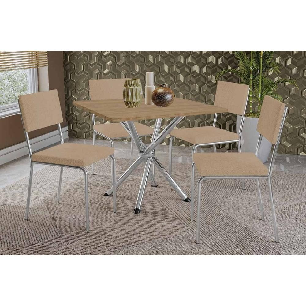 Sala de Jantar Completa Volga c/ Tampo de Madeira 90cm e 4 Cadeiras Zaria Cromada/Nogueira - Boucle Bege - Kappesberg