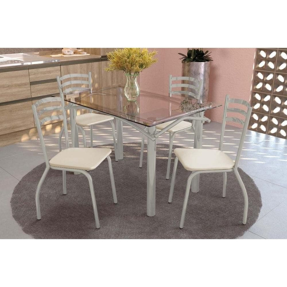 Sala de Jantar Completa Elba c/ Tampo de Vidro 120cm e 4 Cadeiras Portugal Niquel - Courano Bege - Kappesberg