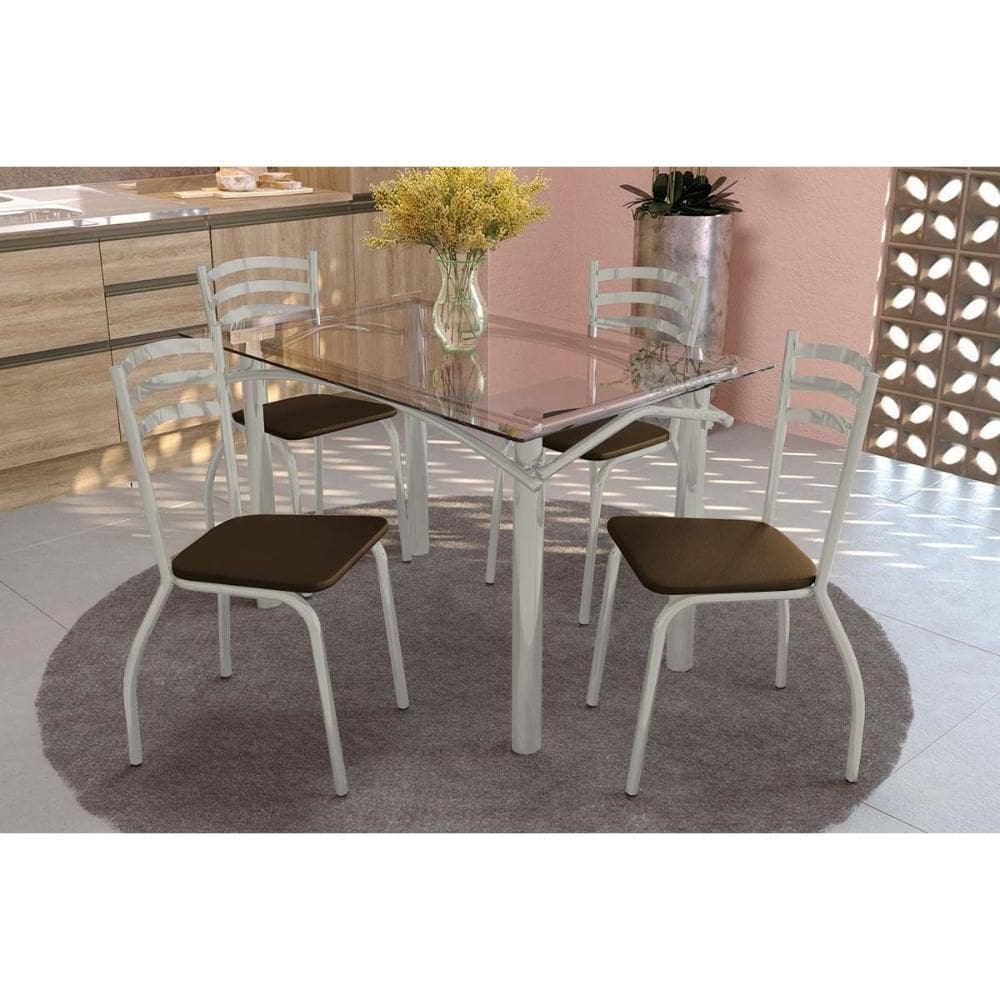 Sala de Jantar Completa Elba c/ Tampo de Vidro 120cm e 4 Cadeiras Portugal Niquel - Courano Marrom - Kappesberg
