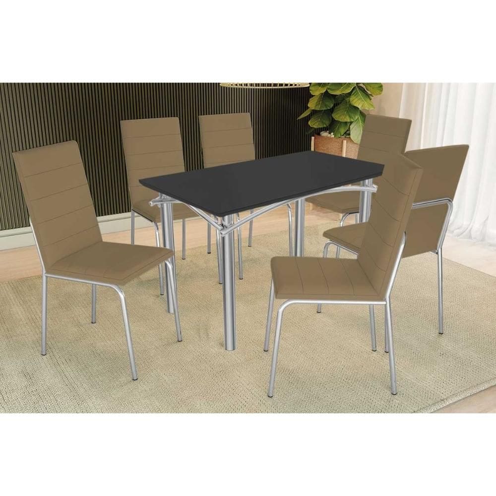 Sala de Jantar Completa Elba Tampo Madeirado c/ Vidro 120cm e 6 Cadeiras Amsterdã Cromada/Preto - Courano Capuccino - Kappesberg