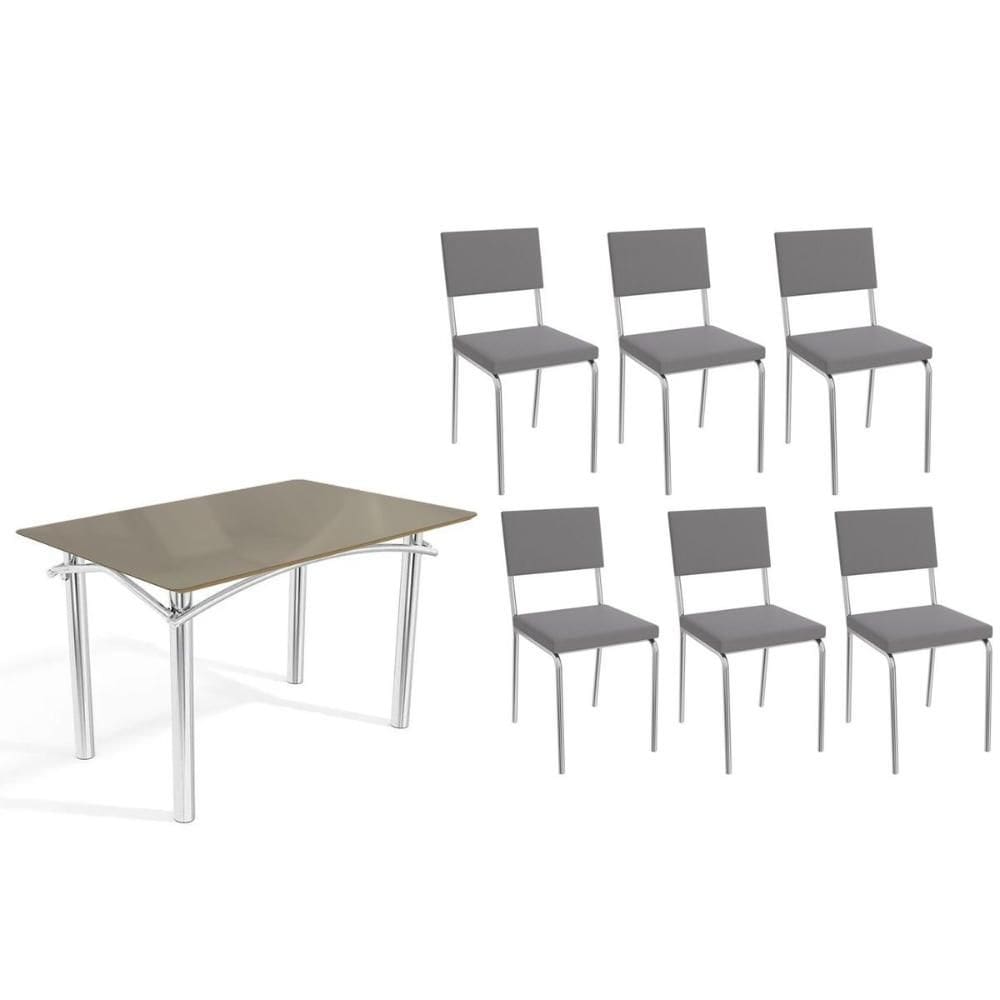 Sala de Jantar Completa Elba Tampo Madeirado c/ Vidro 120cm e 6 Cadeiras Zaria Cromada/Freijo Bronze - Suede Cinza - Kappesberg