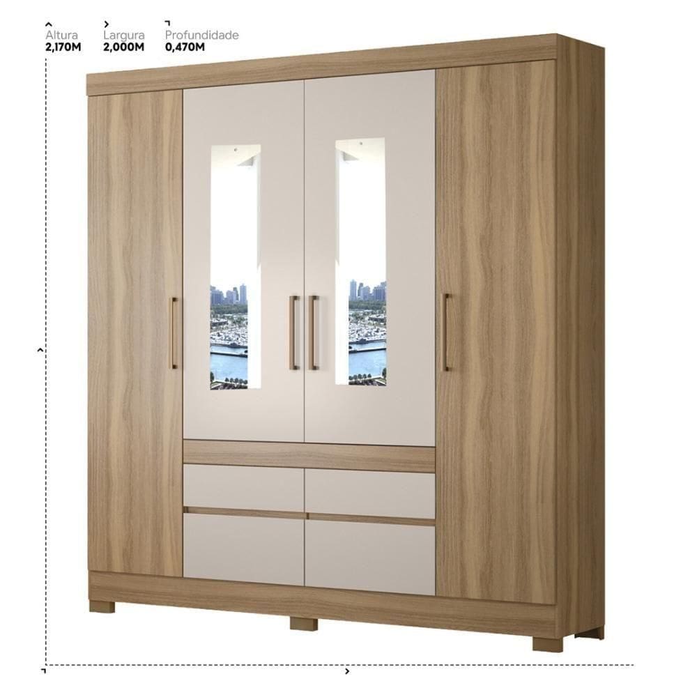 Guarda Roupa Casal 4 Portas Com Espelho E 4 Gavetas Florida - Amêndola Touch-off White Amêndola Touch-off White