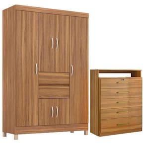 Kit Guarda Roupa Solteiro 6 Portas Ecom Ii Cômoda Triunfo Amêndola Touch