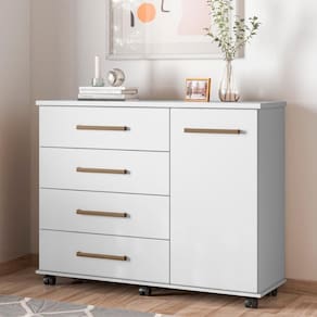 Cômoda 4 Gavetas 1 Porta Com Rodizios Flower - Branco Branco