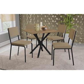 Sala de Jantar Completa Volga c/ Tampo de Madeira 90cm e 4 Cadeiras Zaria Preto/Nogueira - Boucle Bege - Kappesberg