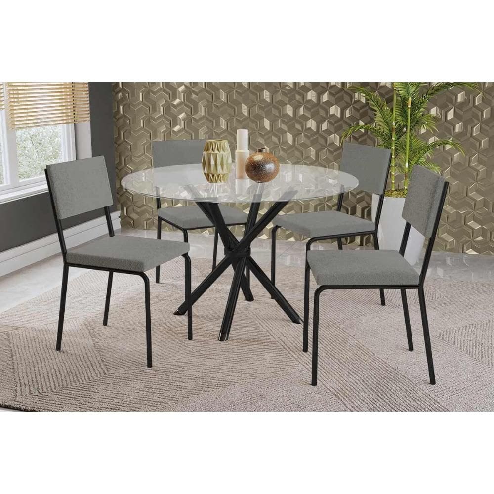 Sala de Jantar Completa Volga c/ Tampo de Vidro 95cm e 4 Cadeiras Zaria Preto - Boucle Cinza - Kappesberg