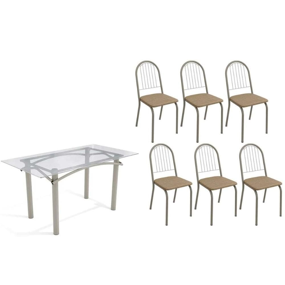 Sala de Jantar Completa Elba c/ Tampo de Vidro 150cm e 6 Cadeiras Noruega Niquel - Courano Capuccino - Kappesberg