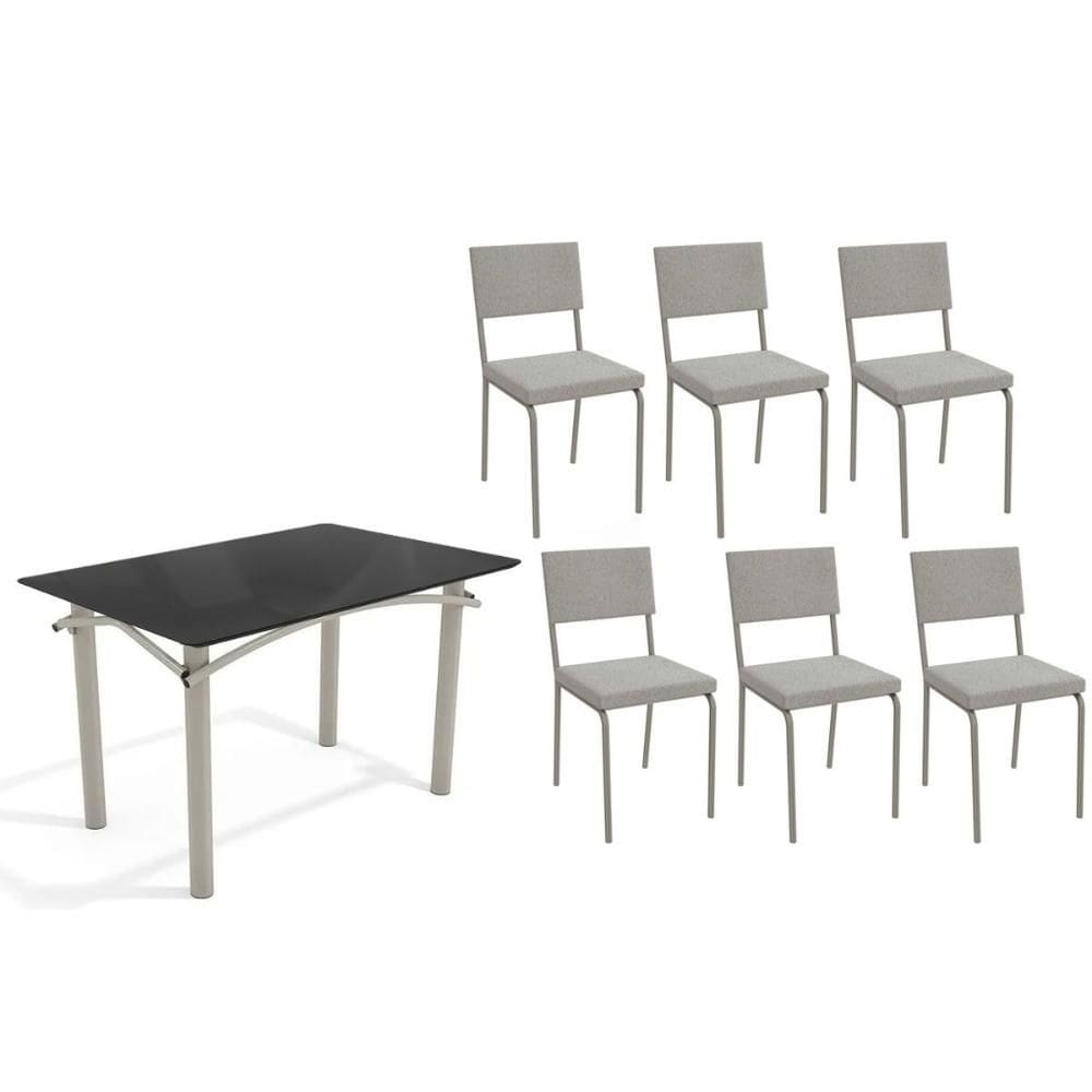 Sala de Jantar Completa Elba Tampo Madeirado c/ Vidro 120cm e 6 Cadeiras Zaria Niquel/Preto - Boucle Cinza - Kappesberg