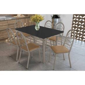 Sala de Jantar Completa Elba Tampo Madeirado c/ Vidro 120cm e 6 Cadeiras Holanda Niquel/Preto - Courano Capuccino - Kappesberg