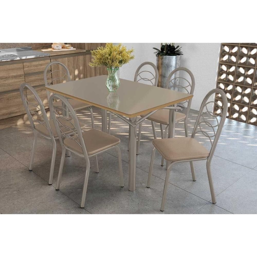 Sala de Jantar Completa Elba Tampo Madeirado c/ Vidro 120cm e 6 Cadeiras Holanda Niquel/Freijo Bronze - Courano Bege - Kappesberg