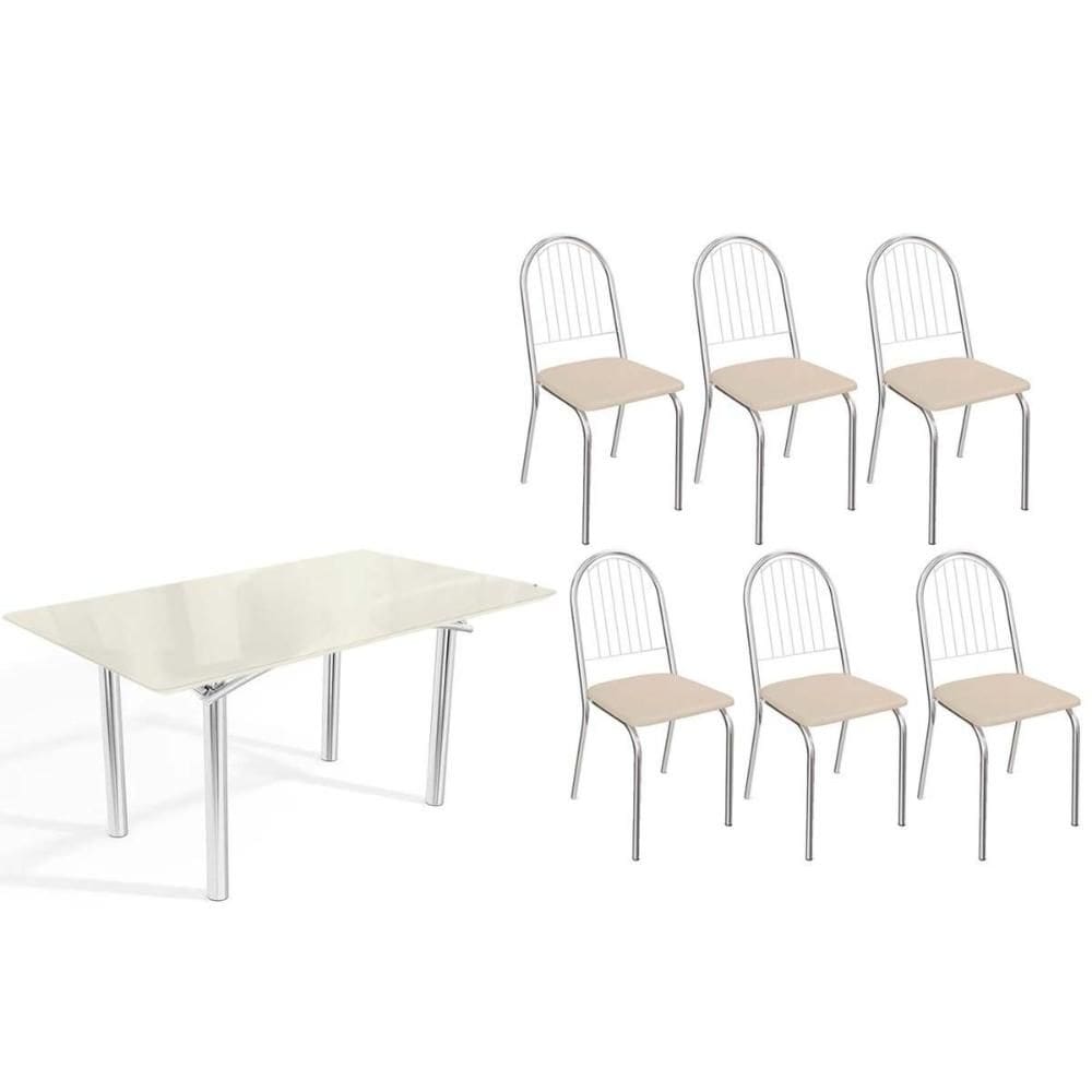 Sala de Jantar Completa Elba Tampo Madeirado c/ Vidro 160cm e 6 Cadeiras Noruega Cromada/Off White - Courano Bege - Kappesberg
