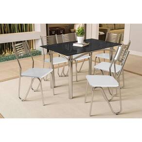 Sala de Jantar Completa Elba Tampo Madeirado c/ Vidro 120cm e 6 Cadeiras Nápoles Cromada/Preto - Courano Branco - Kappesberg