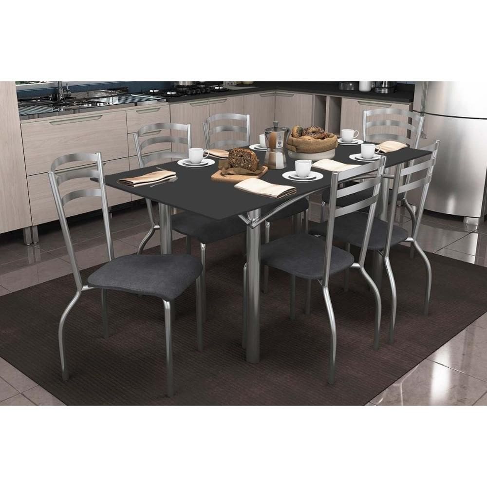 Sala de Jantar Completa Elba Tampo Madeirado c/ Vidro 160cm e 6 Cadeiras Portugal Cromada/Preto - Courano Preto - Kappesberg
