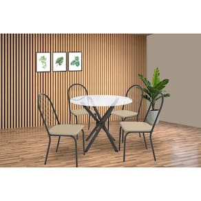 Sala de Jantar Completa Volga c/ Tampo de Vidro 95cm e 4 Cadeiras Noruega Preto - Bege - Kappesberg