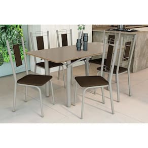 Sala de Jantar Completa Elba Tampo Madeirado c/ Vidro 160cm e 6 Cadeiras Florença Niquel/Freijo Bronze - Courano Marrom - Kappesberg