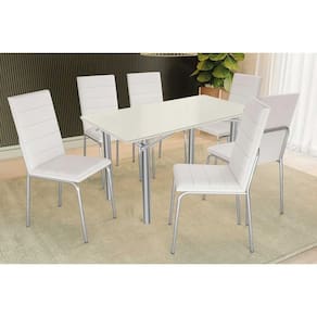 Sala de Jantar Completa Elba Tampo Madeirado c/ Vidro 160cm e 6 Cadeiras Amsterdã Cromada/Off White - Courano Branco - Kappesberg
