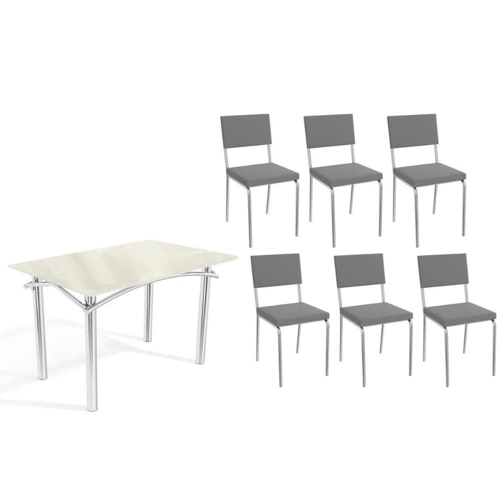 Sala de Jantar Completa Elba Tampo Madeirado c/ Vidro 120cm e 6 Cadeiras Zaria Cromada/Off White - Suede Cinza - Kappesberg