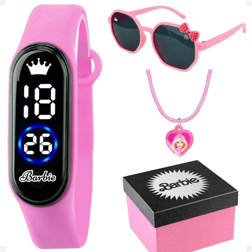 Relogio Digital Infantil Barbie Rosa + Caixa + Oculos
