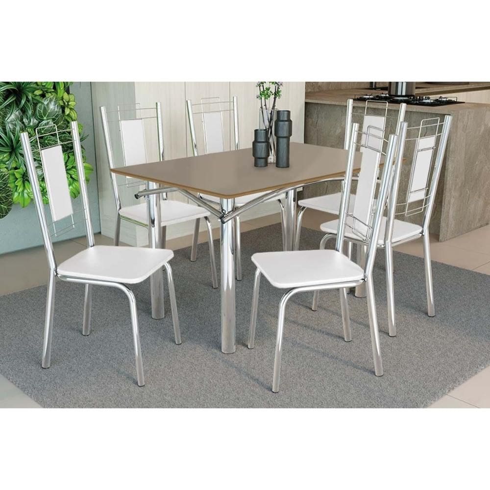Sala de Jantar Completa Elba Tampo Madeirado c/ Vidro 120cm e 6 Cadeiras Florença Cromada/Freijo Bronze - Courano Branco - Kappesberg