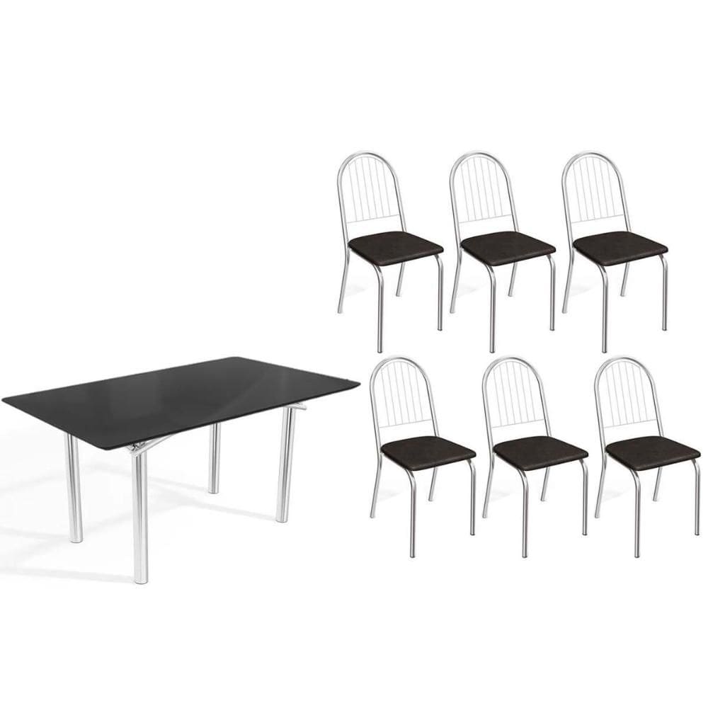 Sala de Jantar Completa Elba Tampo Madeirado c/ Vidro 160cm e 6 Cadeiras Noruega Cromada/Preto - Courano Preto - Kappesberg