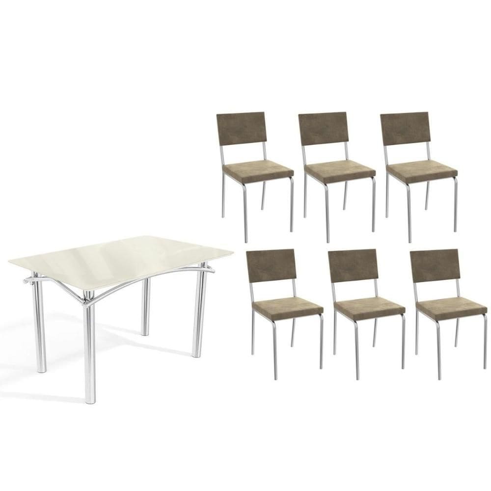Sala de Jantar Completa Elba Tampo Madeirado c/ Vidro 120cm e 6 Cadeiras Zaria Cromada/Off White - Suede Bege - Kappesberg