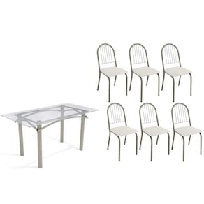 Sala de Jantar Completa Elba c/ Tampo de Vidro 150cm e 6 Cadeiras Noruega Niquel - Courano Branco - Kappesberg
